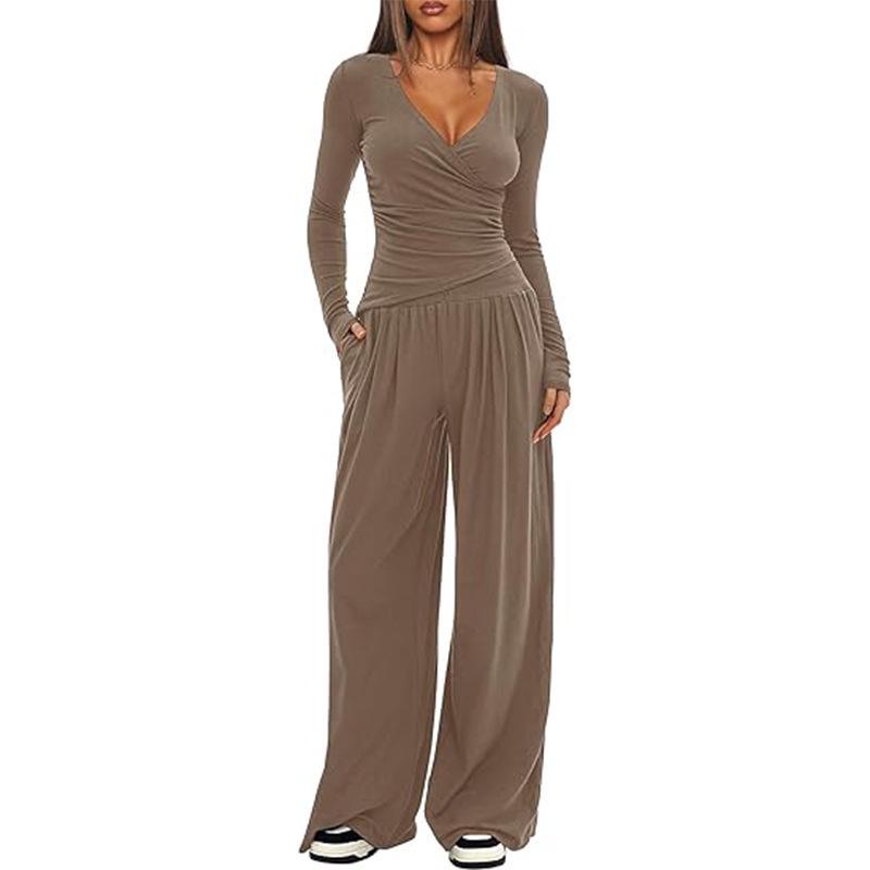 Solid Color V-Neck Knit 2-Piece Set: Long Sleeve Top & Wide Leg Pants