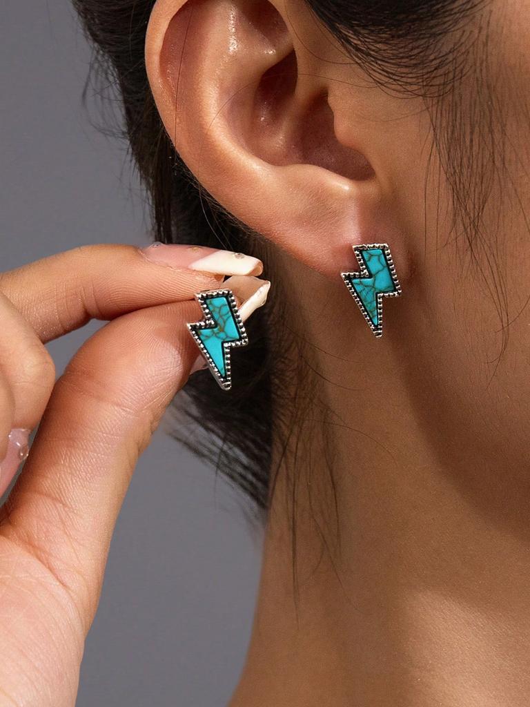 4 Pairs Bohemian Colorful Turquoise Lightning Ear Studs Earrings For Women Men Daily Wear Western Cowboy Cowgirl Jewelry Accessories Couple Gifts