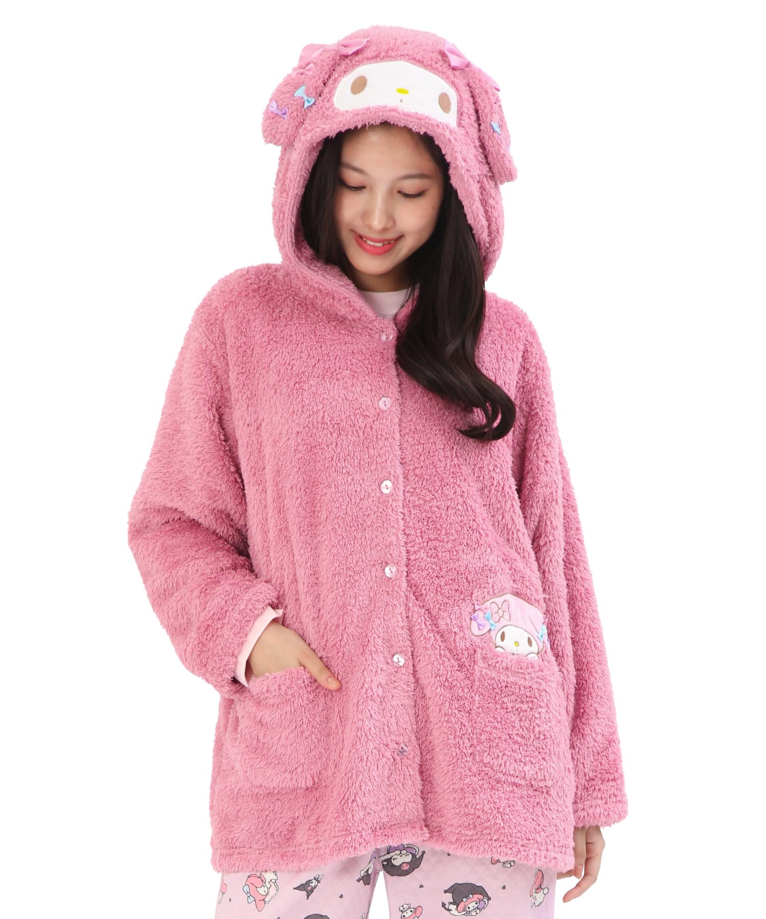 

SAZAC My Melody Pajamas for Ribbon My Melody Long Open Poodle Boa Loungewear for Fall and Winter Women, Dress-Up Gown, Sleeves, Front, Fabric,