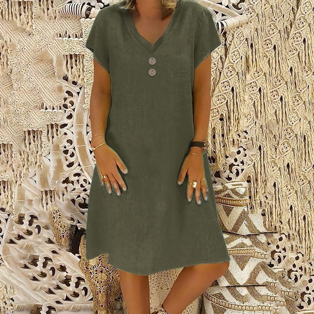 Women's Fashionable Retro V-Neck Short-Sleeve Casual Cotton-Linen Dress