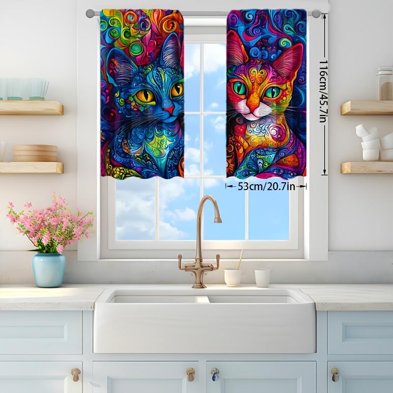 2pcs curtains with blue and colorful cat patterns, made of high-quality fabric with delicate touch, luxurious and beautiful