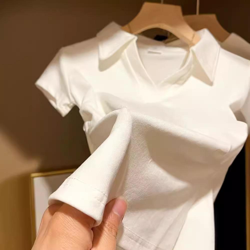 White POLO Neck Short-sleeved T-shirt Women's Summer New Slim-fitting and Thin Short Top