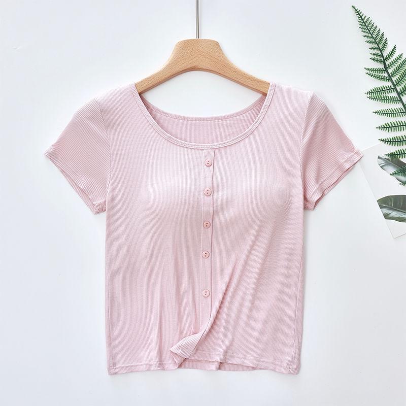 Modal Women's Short Sleeve Padded Top with Pajama-Style Back - Ribbed Base Layer for Inner or Outer Wear