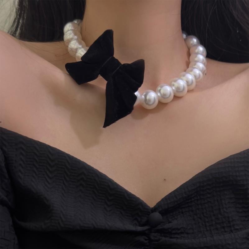 Colar Punk com Pérolas e Contas, com Pingente Larga Laço Preto, Correntes de Pescoço Góticas da Moda para Mulheres