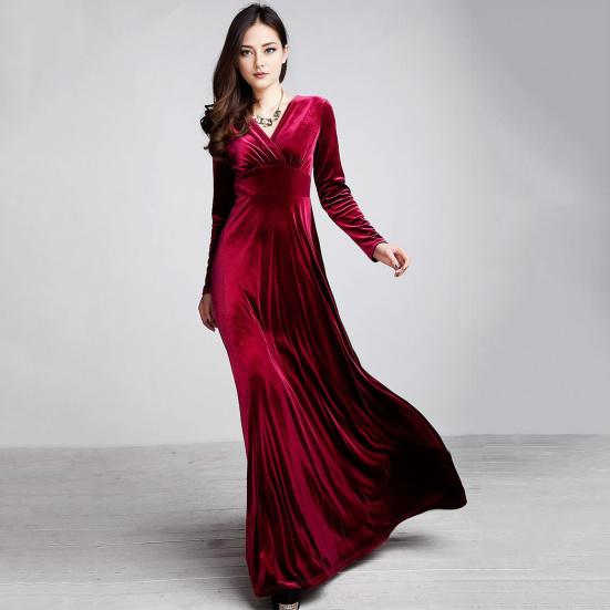Women Evening Dress Golden Velvet V Neck Pleated A-line Pure Color Long Sleeves Full