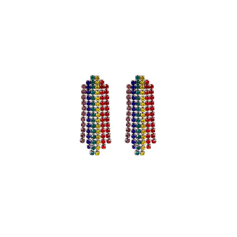 

European & American Fashion Rhinestone Rainbow Tassel Stud Dangle Earrings - Korean Catwalk Style