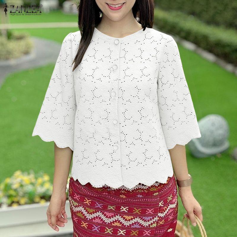 ZANZEA Women Casual Round Neck 3/4 Sleeve Lace Crochet Patchwork Loose Blouse