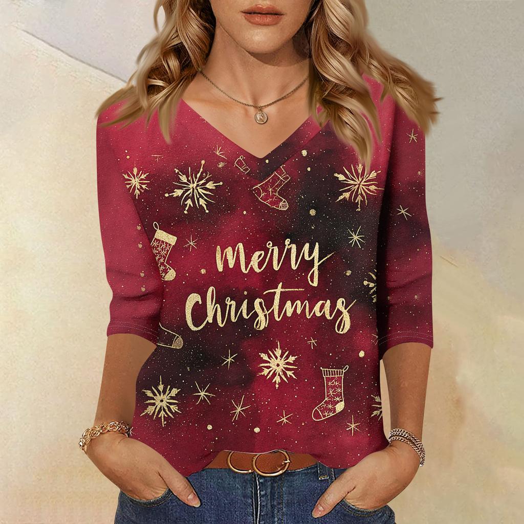 Women's T Shirt CHristmas Print 3/4 Sleeve Daily Weekend Fashion Basic V- Neck Regular Top