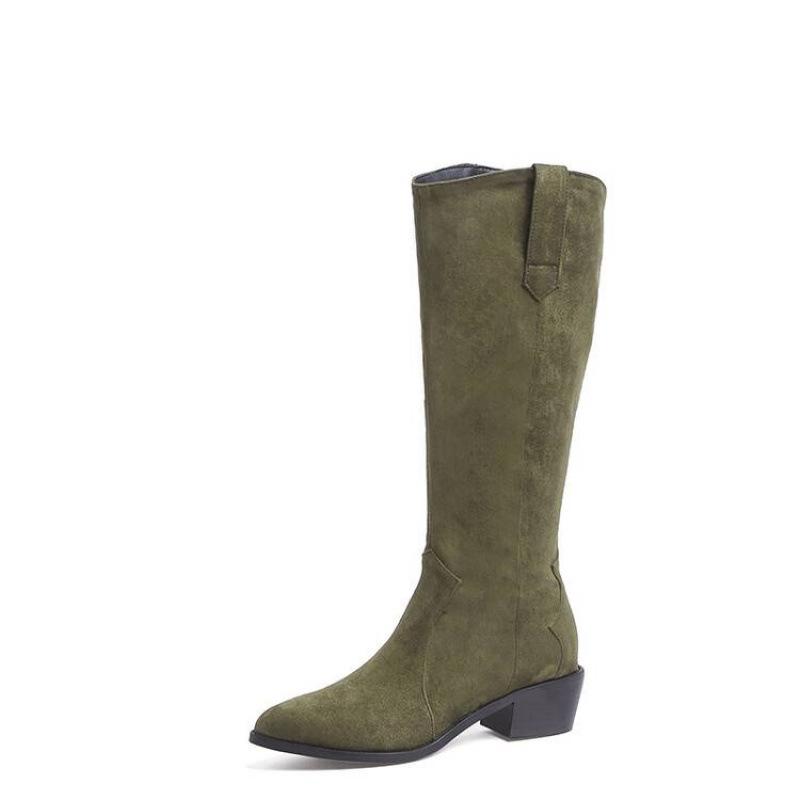 Höst- och vinter dammode stövlar med mellanhög klack enfärgade mellanhög klack spetsiga stor storlek damstövlar fyrkantig klack ny gummisula höga stövlar