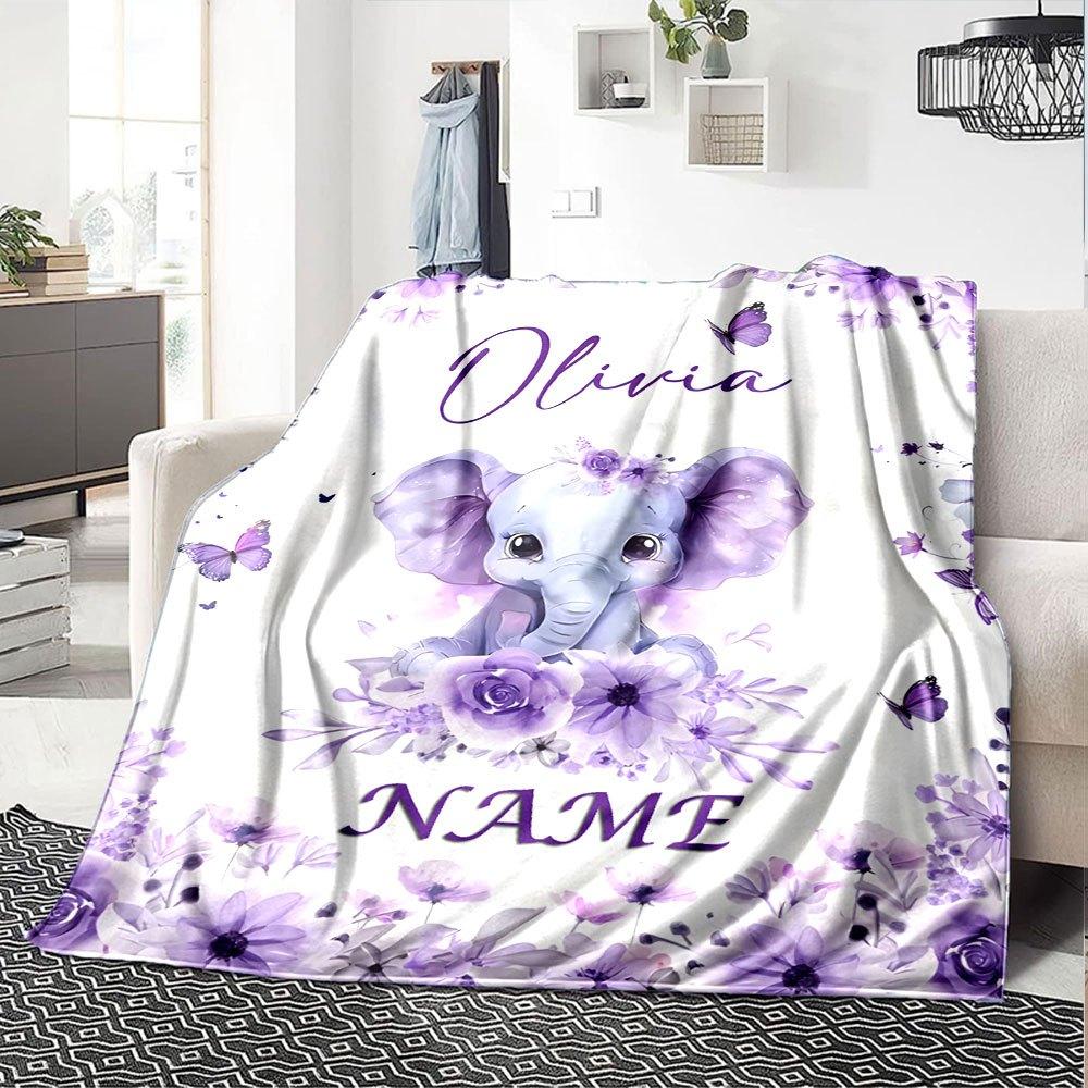Cute Purple Elephant With Floral Design And Butterfly Theme For Olivia Customization Cozy Personalized Blanket Customize Text Durable Comfort Throw
