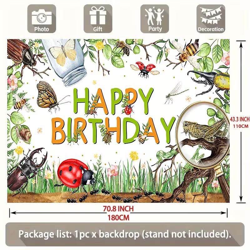 2D Bug Adventure Happy Birthday Backdrop, Kids Nature Party Banner, Photography Background