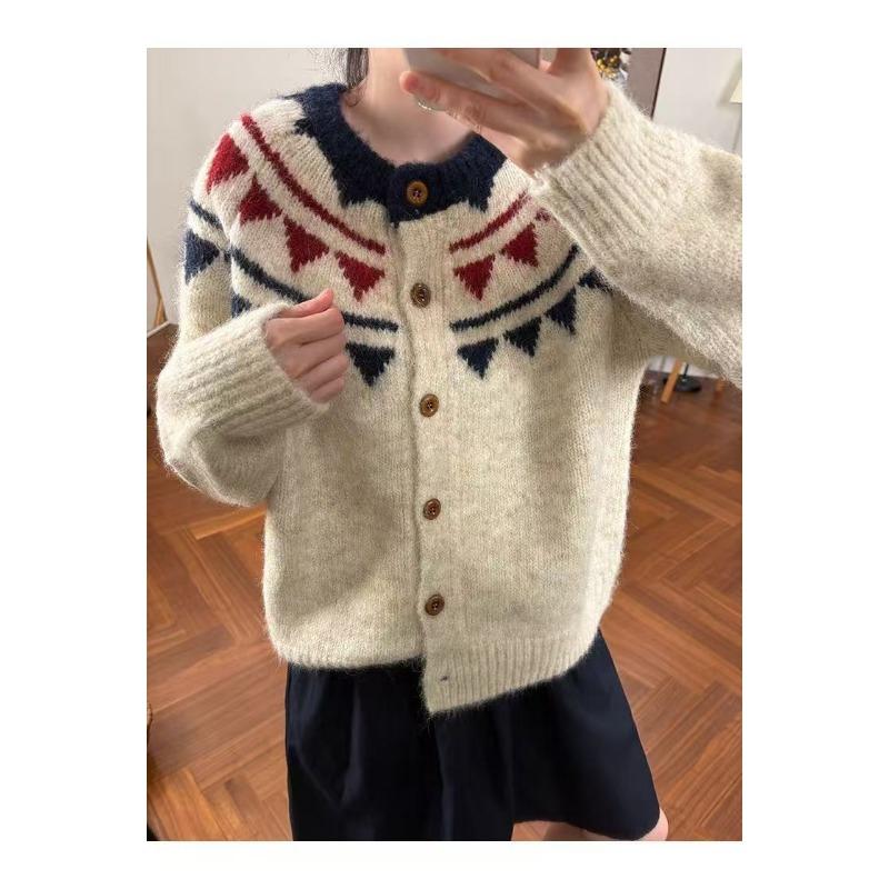 Vintage Contrast Geometric Crew Neck Single-Breasted Shoulder Long Sleeve Wool Blended Knitted Jacket Casual Top