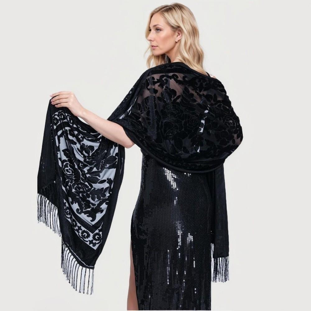 

Ethnic Style Chinese Dress Shawl Versatile Use Velvet Scarf Long Fringed Scarf Winter Season зелений