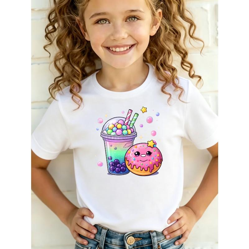 Girls Crew Neck Short Sleeve T-Shirt with Cartoon Bubble Tea & Donut Print 110 белый