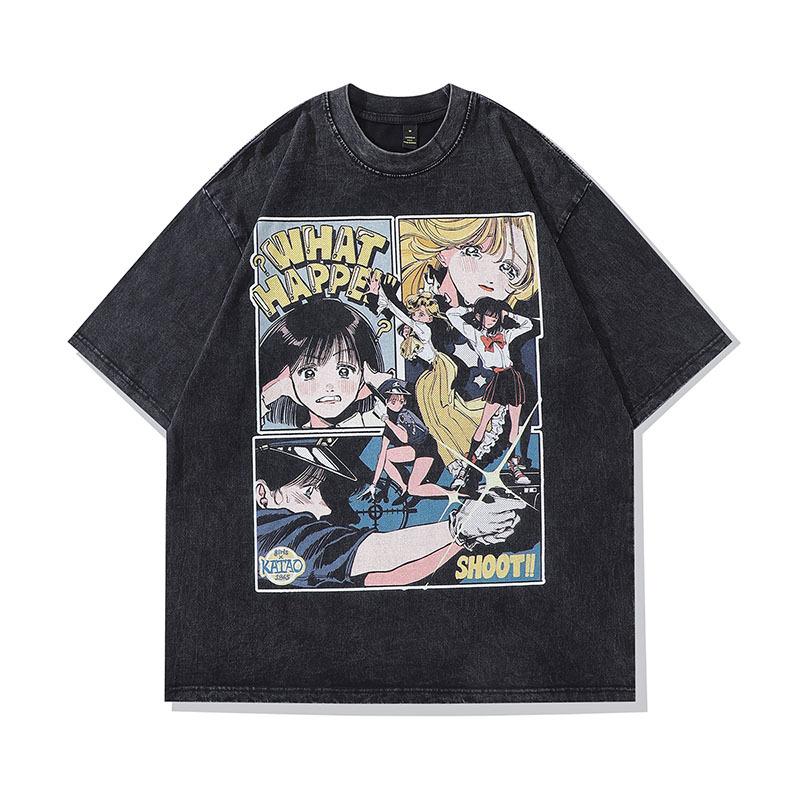 High Street Vintage Old Washed Cartoon Printed Short Sleeve T-Shirt Men'S And Women'S Bf Style Hip Hop Loose Half Sleeve Top