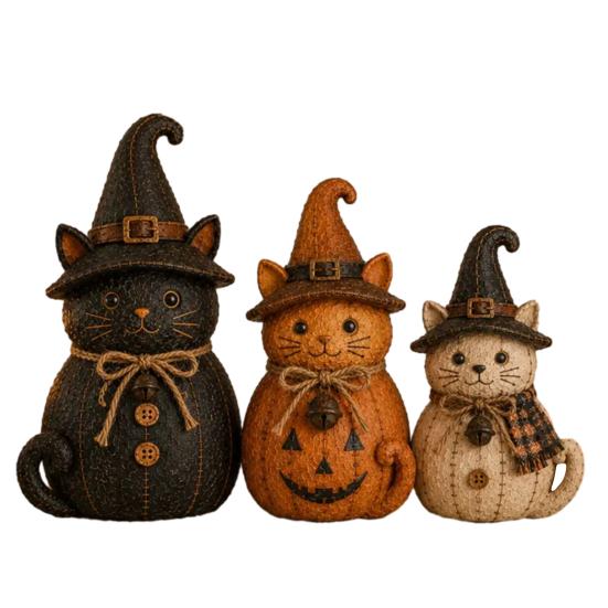 Halloween Table Decorations 3Pcs Witch Cat Dog Statues, Resin Rustic Farmhouse Small Harvest Figures Ornaments for Autumn Thanksgiving, Fireplace