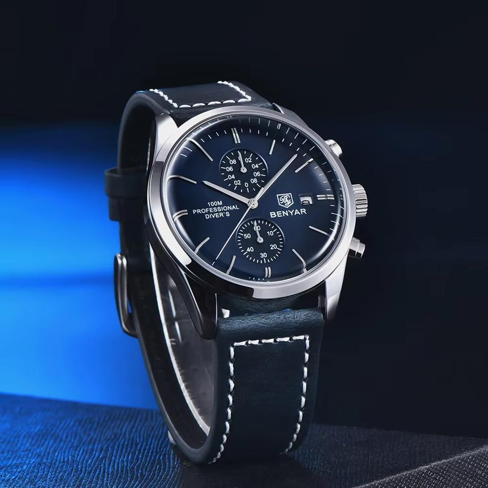 BENYAR Leather Men Quartz Wristwatches Luxury Brand 100M Waterproof Men Watch Military Sports Chronograph Watch For Men