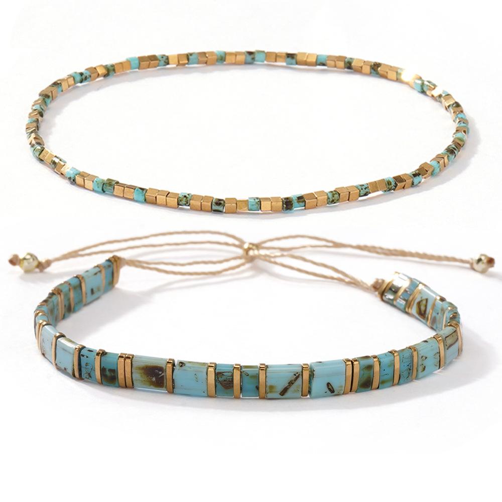 Bohemian Stacked Tila Bracelet Men's and Women's Retro Blue-Green Beaded Gold Chain Bracelet