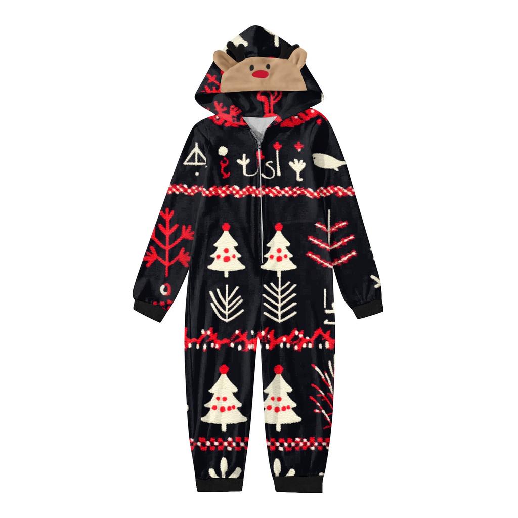 Christmas Print Family Matching Hooded Long Sleeved Zippered Jumpsuit Set