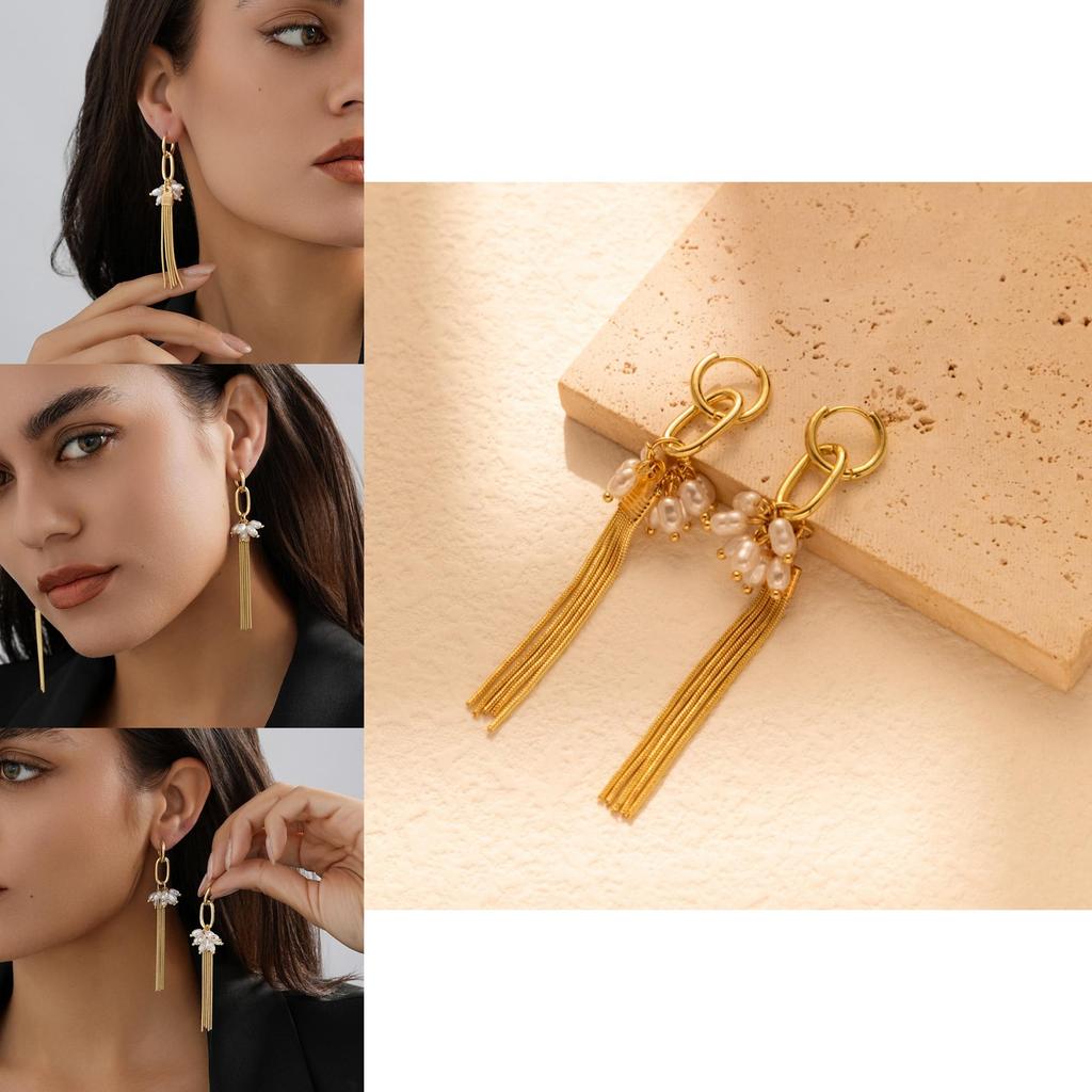 Elegant Long Tassel Pendant Earrings For Women With Faux Pearl Geometric Design