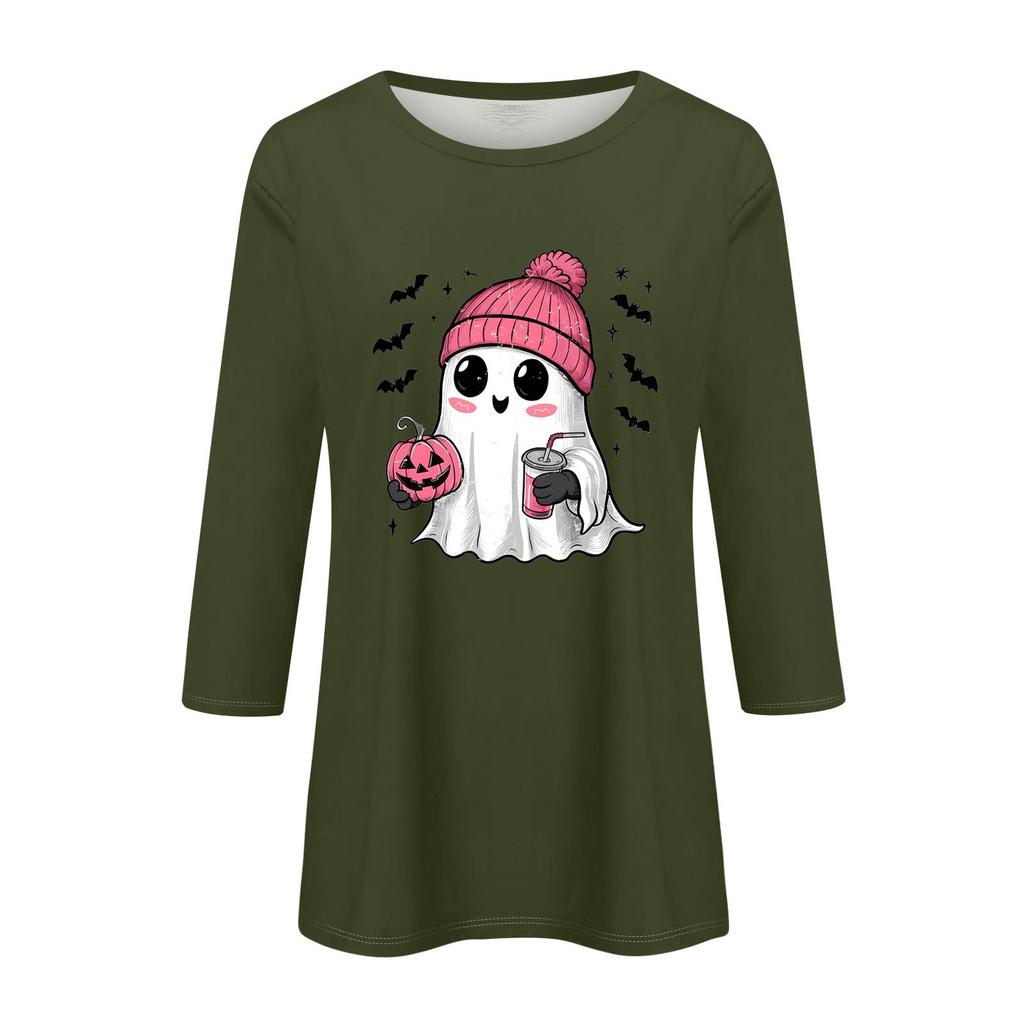 Women's Fashion Casual Three-Quarter Sleeve Halloween Print Round Neck T-Shirt Top
