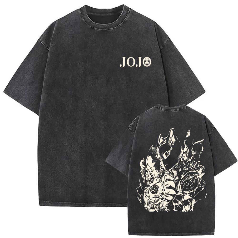 Washed Vintage Anime Jojo Bizarre Adventure Tshirt Retro Manga Giorno Giovanna T Shirts Men Casual Cartoon Oversized Tshirts