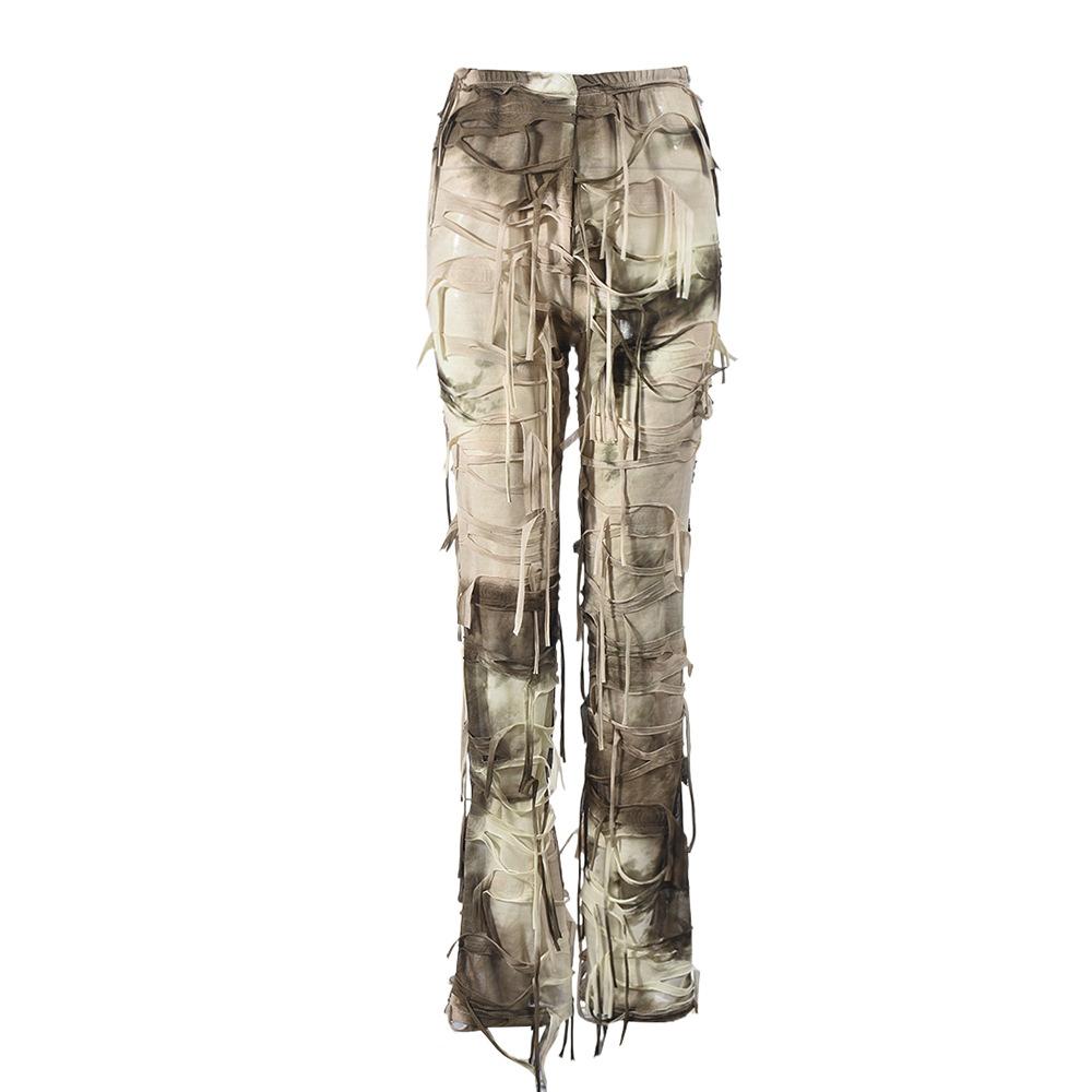 New Women's Autumn Tie-Dye Frayed Jeans, Distressed Design Boho Streetwear Casual Denim Pants with Fringe Hem, Artistic Baggy Trousers