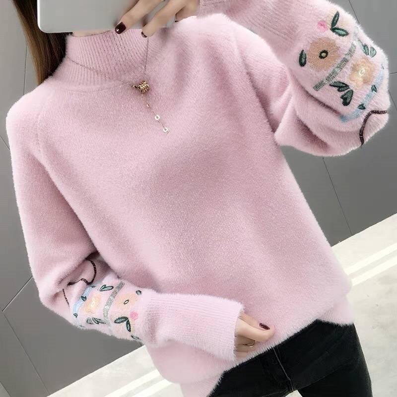 Autumn Winter Woman Sweaters Turtleneck Sweater Female Slim Pullover Jumper Flower Embroidery Knitted Sweater Fashion Casual Top