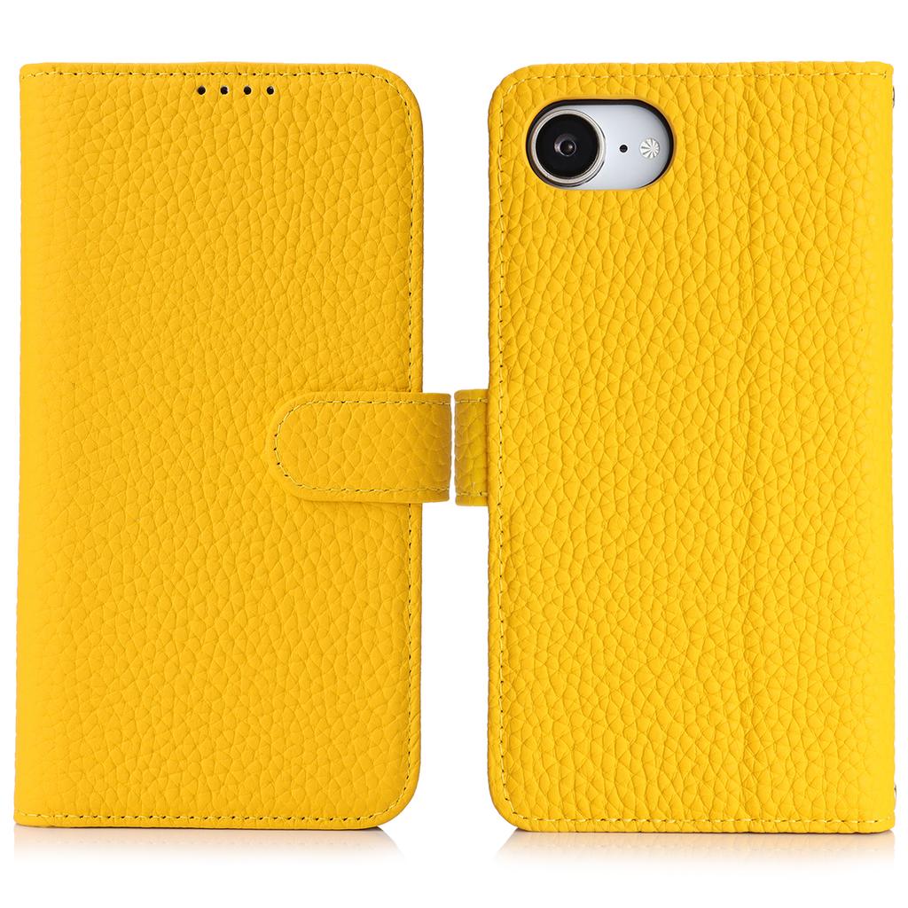 For iPhone 16e Stand Case Litchi Texture Genuine Cow Leather Wallet Phone Cover RFID Blocking