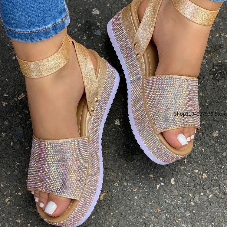 Fashion Women's Sandals Fashion Rhinestone Wedge Sandals Ladies Summer High Heels Platform Shoes Outdoor Open Toe Casual Sandals Size 43