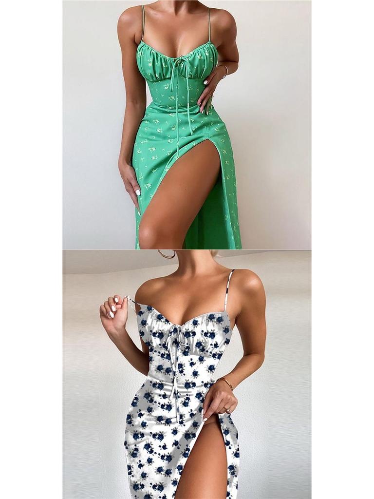 2026 Spring European & American Women's Sexy Printed Lace-up Slit Camisole Dress