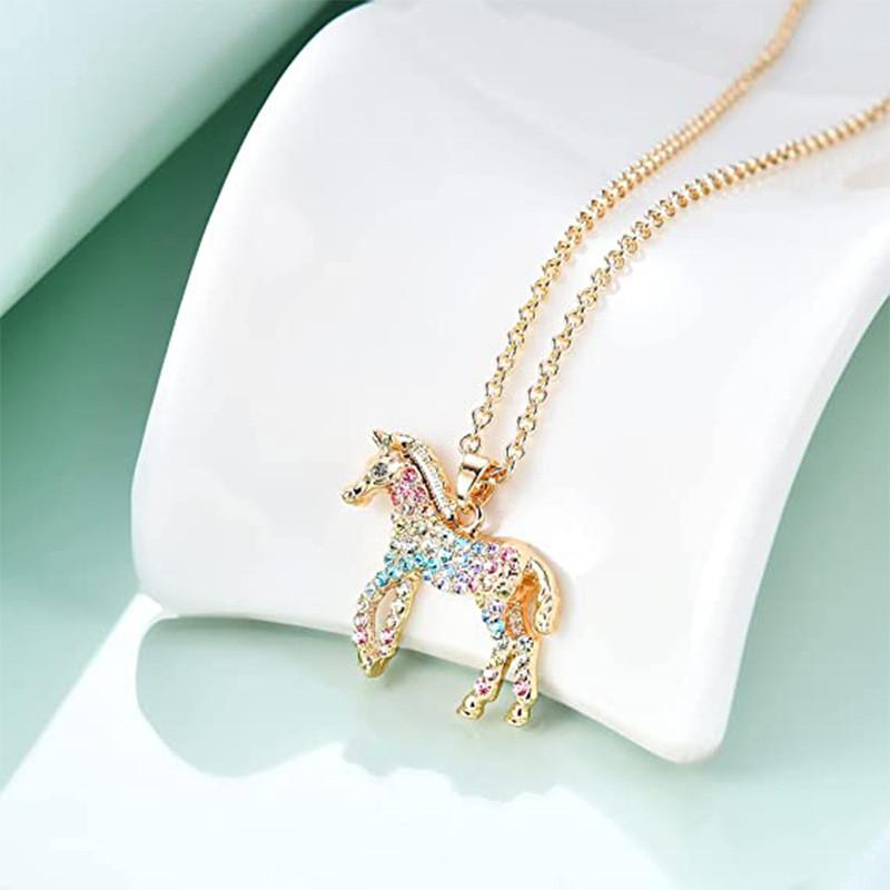 Fashionable Colorful Rainbow Horse Pendant Necklace With Sparkling Design For Women