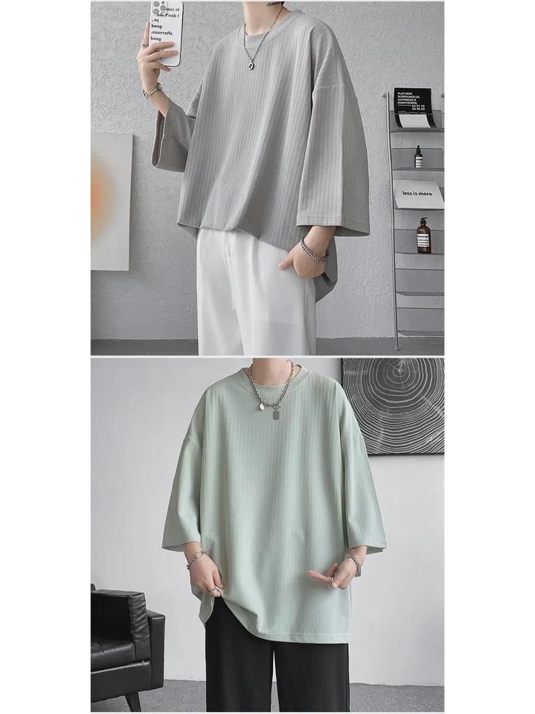 Men's Ice Silk Drape T-Shirt, Short Sleeve, Solid Color, Summer 2023 Trend, Plus Size, Three-Quarter Length.