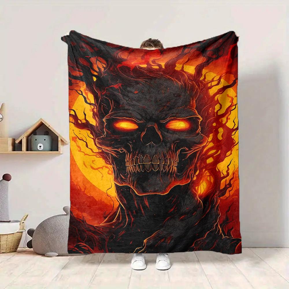 1Pc Hellish Skull Portrait Flannel Blanket, Soft And Comfortable, Casual Warm, Camping Travel, Christmas, Halloween Xmas Gift. G189