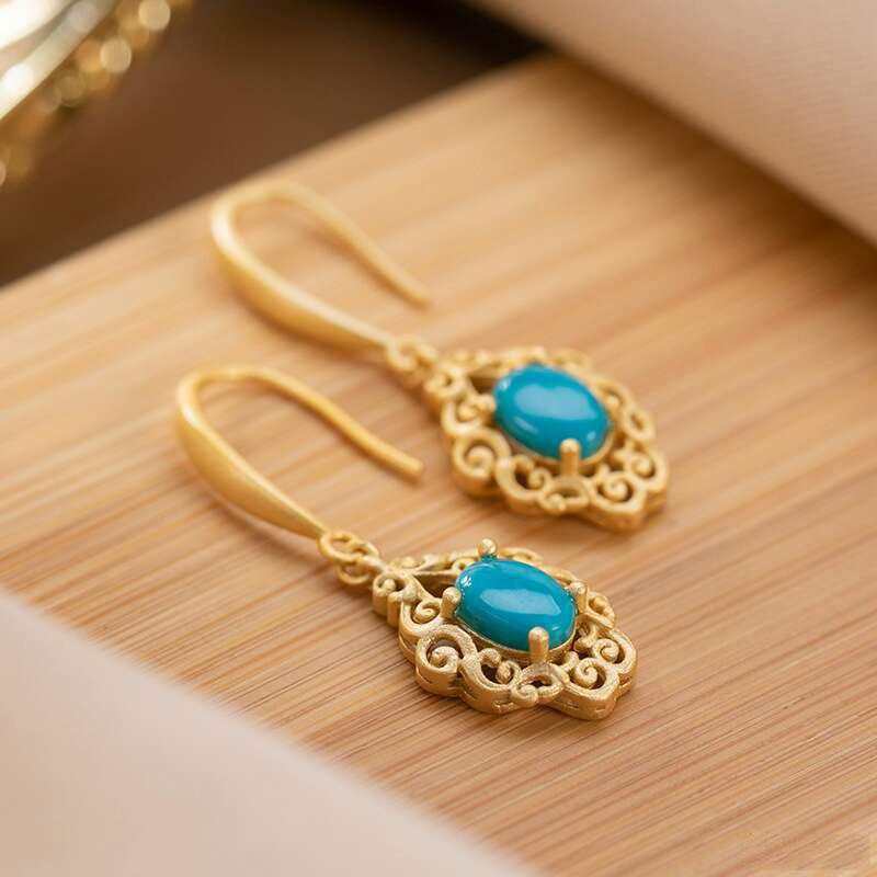BELLA BOX New Vintage Hollow Flower Plated 24K Sand Gold Imitation Blue Turquoise Earrings Feminine Earrings