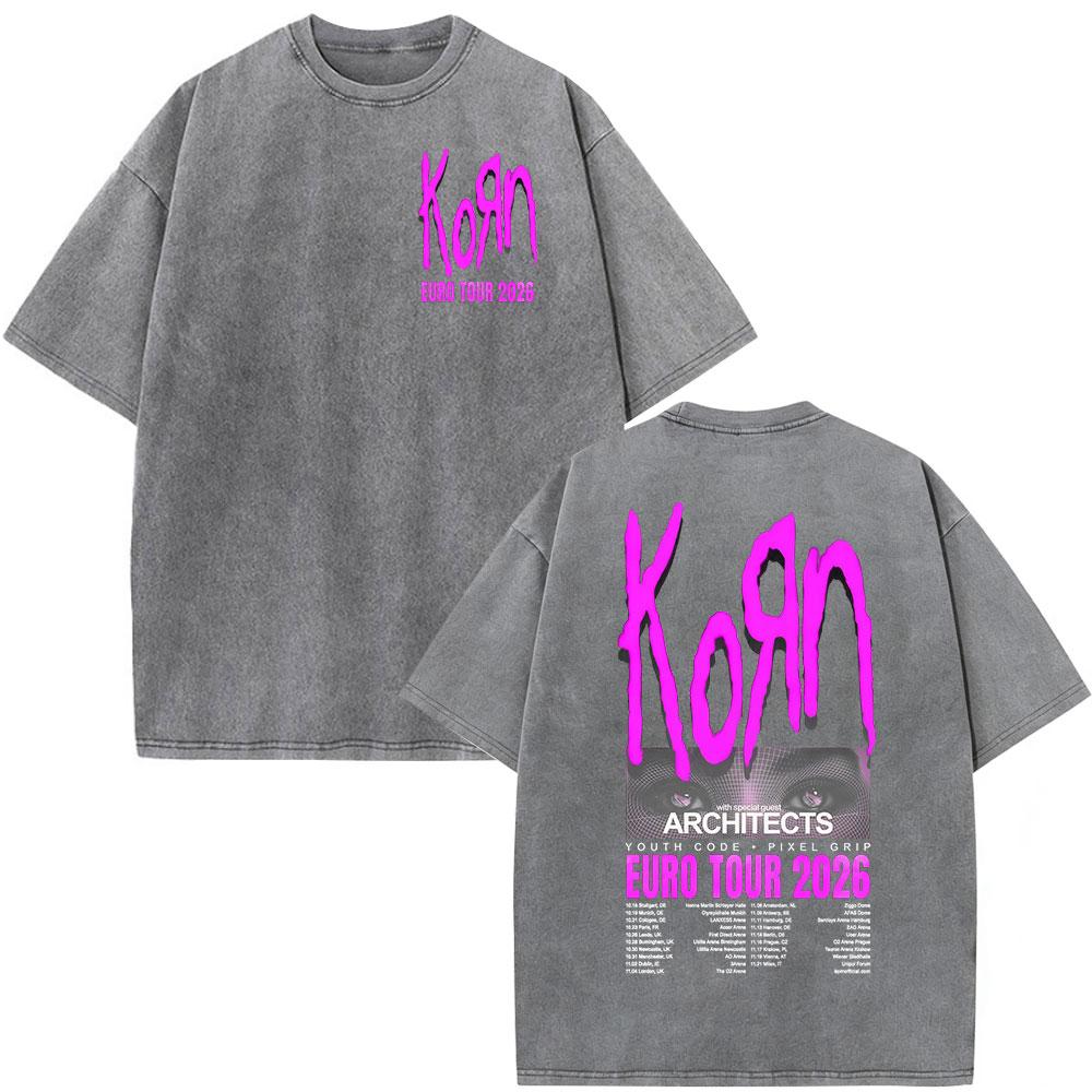 Korn Europe Tour Vintage Washed T Shirt Fan Gifts Metal Gothic Rock Band Tshirts Mens Clothing Casual Short Sleeve Tshirt