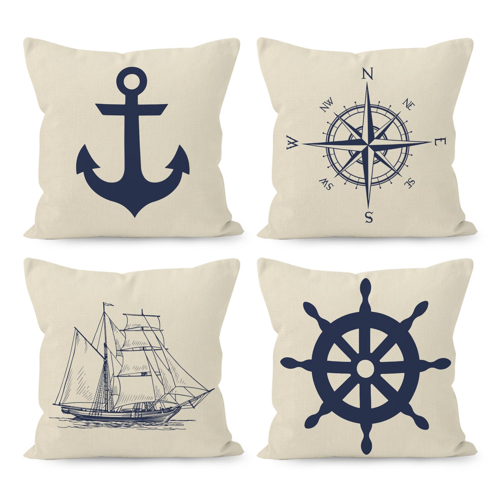 Navy Blue Boat Anchor Compass Pillow Cover, Sailor Navigation Gift, Boat Pillowcase 18 X 18 Inch Home Boat Sofa Decoration 18 x 18 (pack of 4)