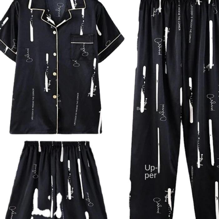 Set de pijamale pentru bărbați din mătase, vară, toamnă, 3 piese, pantaloni scurți cu mânecă scurtă, îmbrăcăminte supradimensionată pentru acasă, guler cu rever, pijamale pentru bărbați