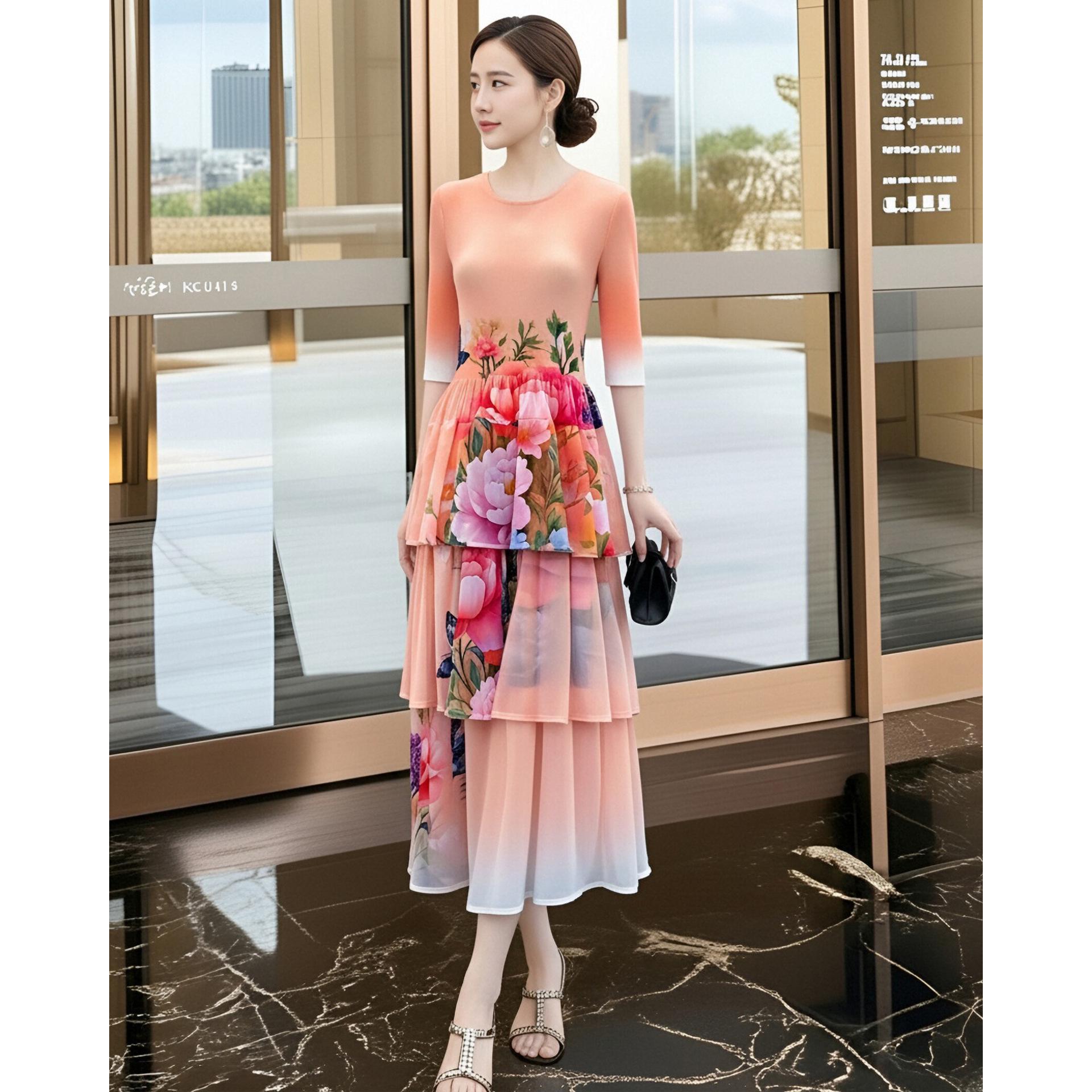 

Elegant Mid-Length Spring Dress 2026: New Style Miyake Pleats with Layered Cake Skirt One Size оранжевый/розовый