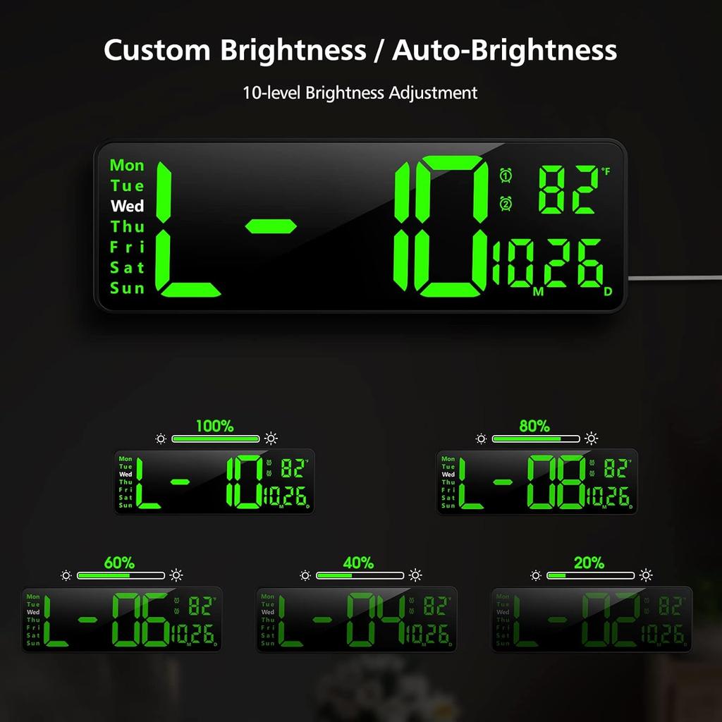 Digital Wall Clock Large Display with Remote Control, Display Digital Clock with Date, Indoor Temp, Brightness Dimmer LED Clock