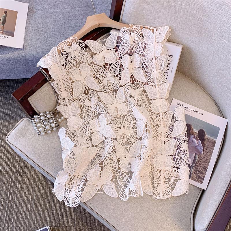 

DIMANAF 2024 Новая футболка женская вязаная кружевная жилетка с круглым вырезом ажурный летний стиль базовые топы футболки розовые One Size белый