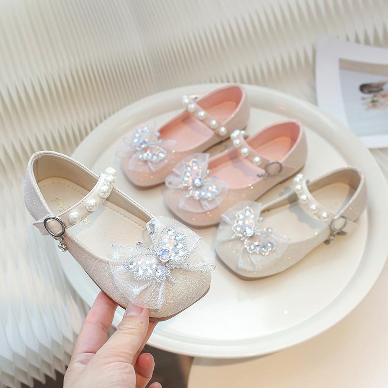 2025 autumn new children's crystal shoes butterfly girls single leather shoes fashion square mouth princess shoes soft sole classmate