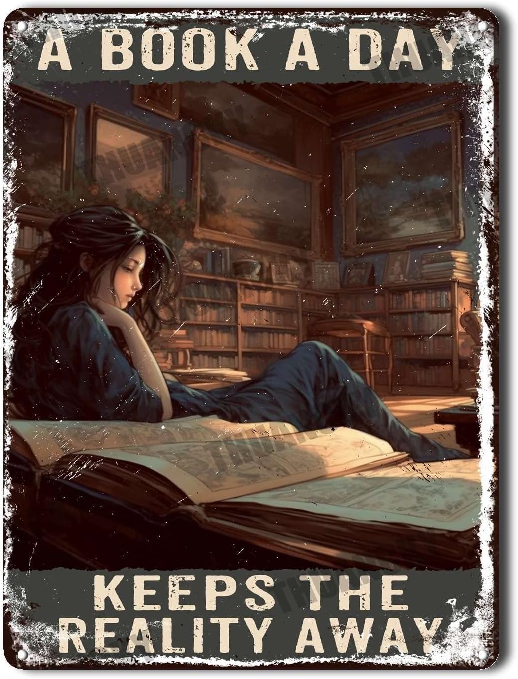 

Vintage Tin Signs A Book A Day Keeps The Reality Away Tin Signs Retro Funny Vintage Decor for Family Bar Restaurant Cafe Wall De 20x30cm（7.8x11.8inch）