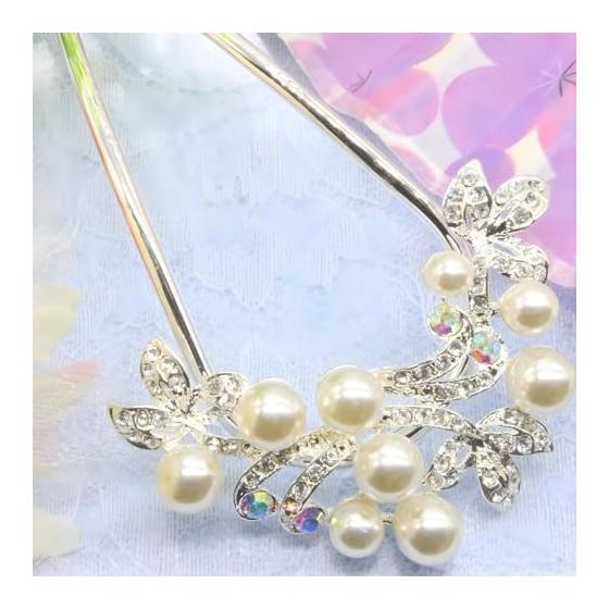 [Miaomyao] U-Shaped Hairpin for Japanese Traditional Wear, Yukata, Kimono - Pearl European Flower Hair Accessory, Silver