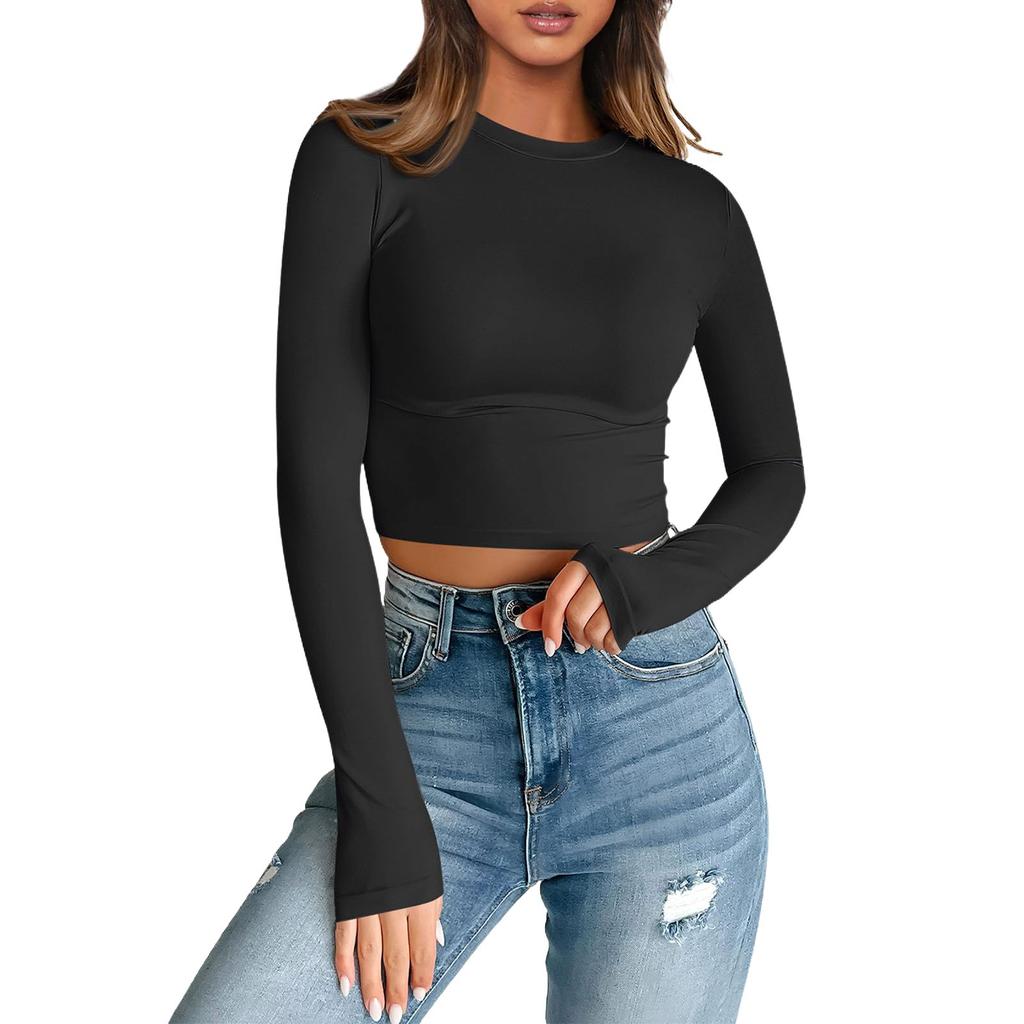 Women's Fashion Neckless T-Shirt Basic Slim Color Long Sleeve Top