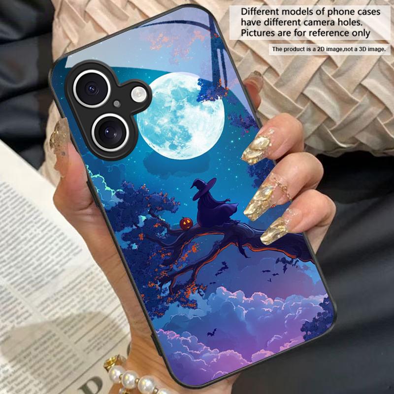 Witch Pumpkin Lantern For For iPhone 16E 15 14 13 Plus 12 Mini 11 Pro Max XR Xs X 7 8 6S 22 20 Black Tempered Glass Phone Case