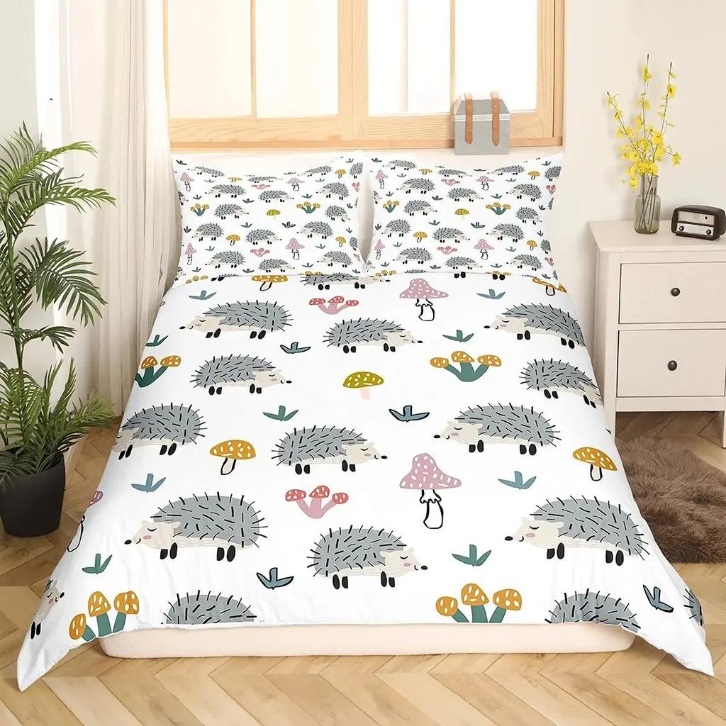 Cartoon Igel Bettbezug Queen Aquarell Batik Boho Bettwäsche-Set, Wildtiere Blumen Bettdeckenbezug Floraler Quiltbezug