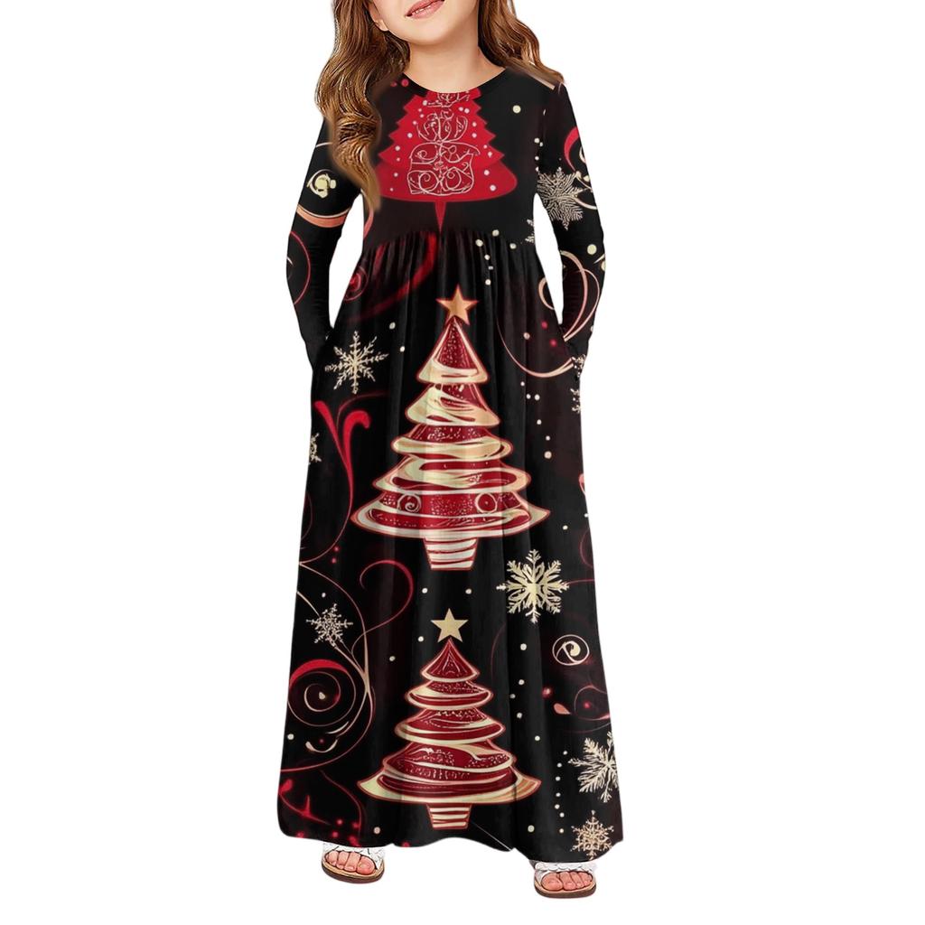 Rochie Maxi pentru Fete - Rochie cu Mânecă Lungă și Buzunare Zi de Crăciun