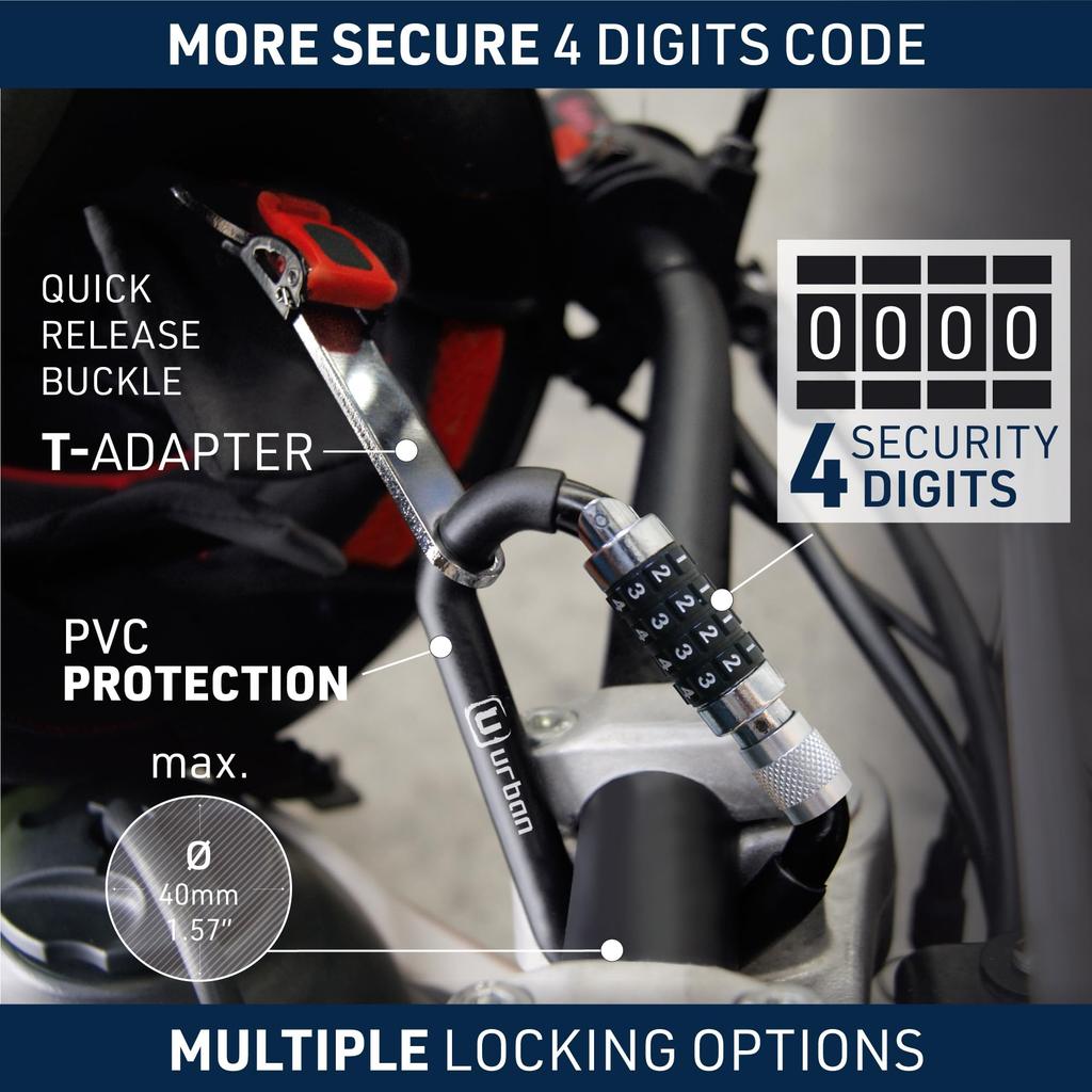 Urban UR140 Motorcycle Helmet Lock with Combination Carabiner Bicycle Carabiner Lock Helmet Buckle Cable, Anti-Theft Lock, Anti-Theft T-Adapter