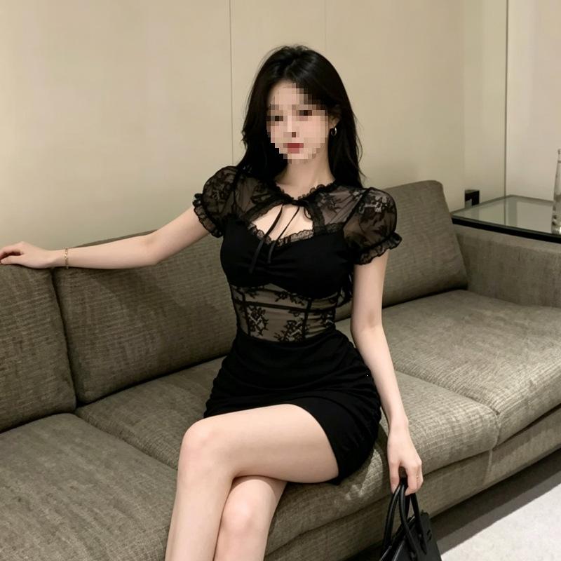 Sexy Style Black Lace Jacquard Pleated Splicing Dress Women's Small Summer Lace-up Hollow Hip-wrap Skirt